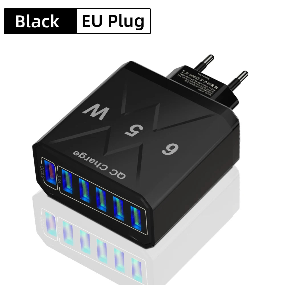 65W 6-Port USB Charger | QC 3.0 Fast Charging Travel Adapter for iPhone, Samsung, Xiaomi – EU/UK/US/KR Plug