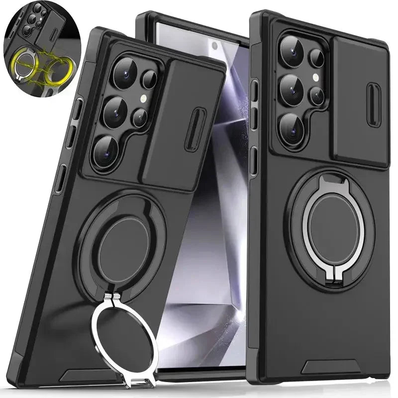 Samsung Galaxy S25/S24/S23/S22/S21 Case – Armor Shockproof Cover with Slide Camera Protection & Magnetic Holder (Ultra/Plus/FE)