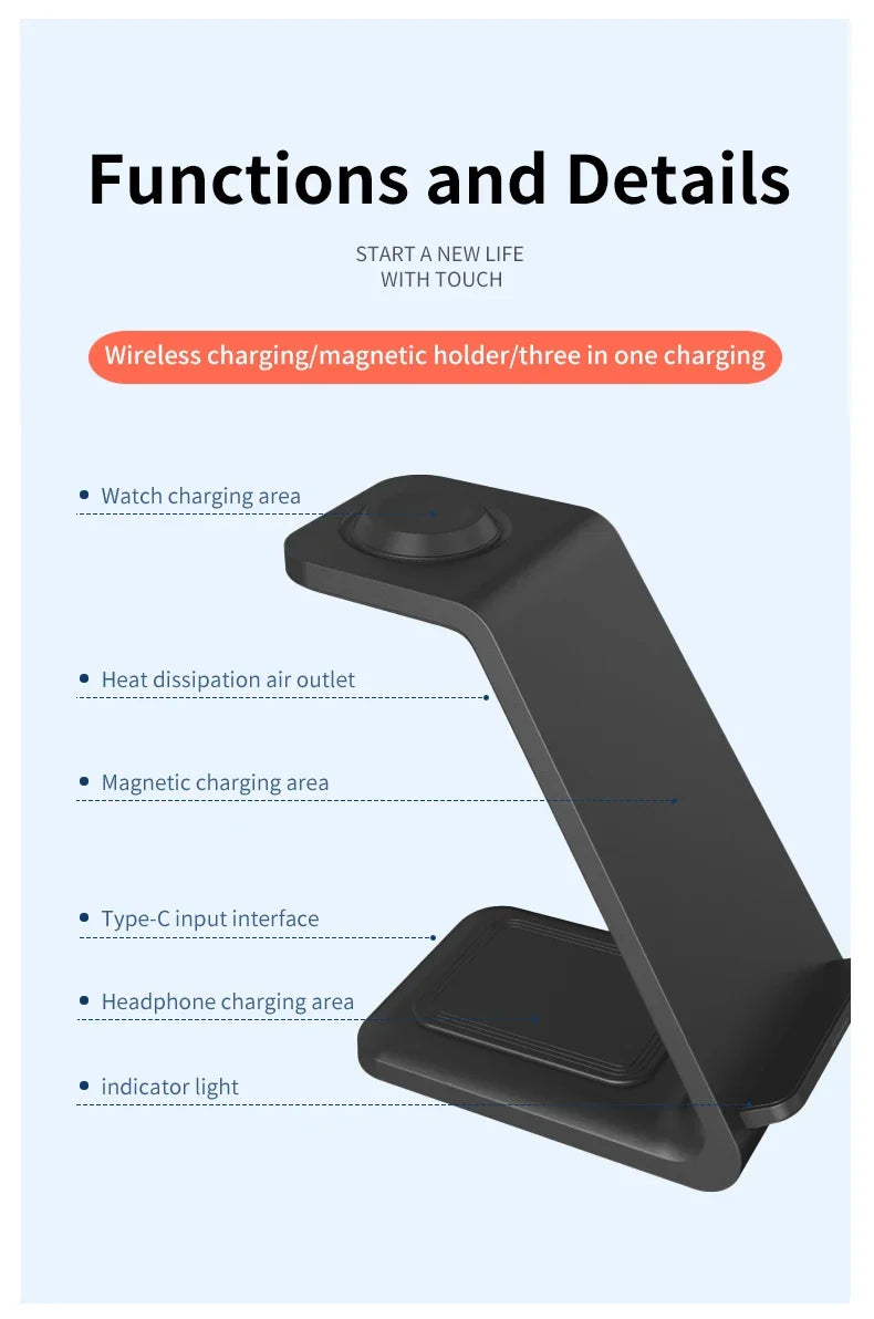30W 3-in-1 Fast Wireless Charger Stand for iPhone, Samsung & Apple Watch – Foldable Charging Station