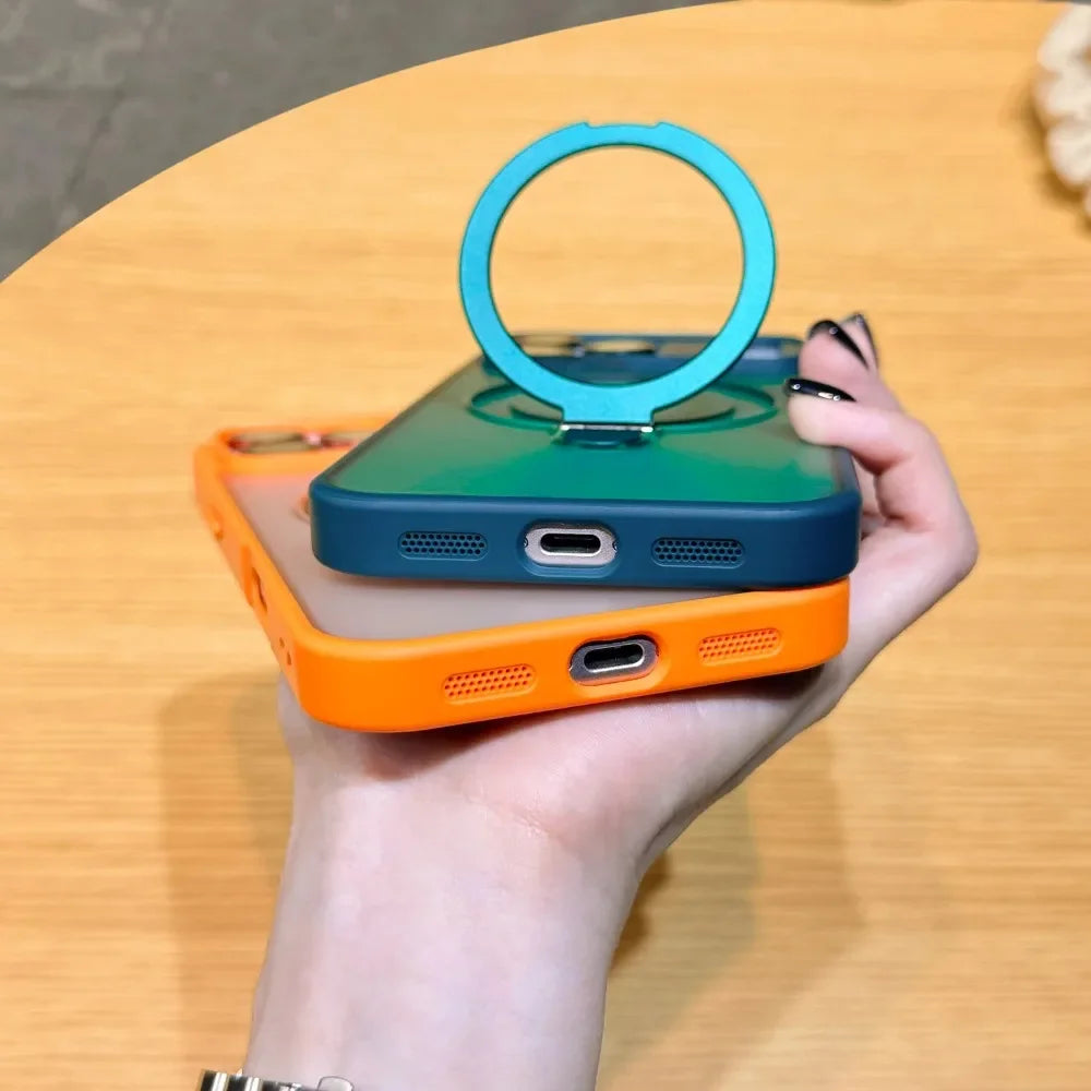Luxury Magnetic Ring Holder Case For iPhone 17 Air 16/E 15 14 Plus 13 12 11 Pro Max Skin Friendly Frosted Matte PC Protect Cover