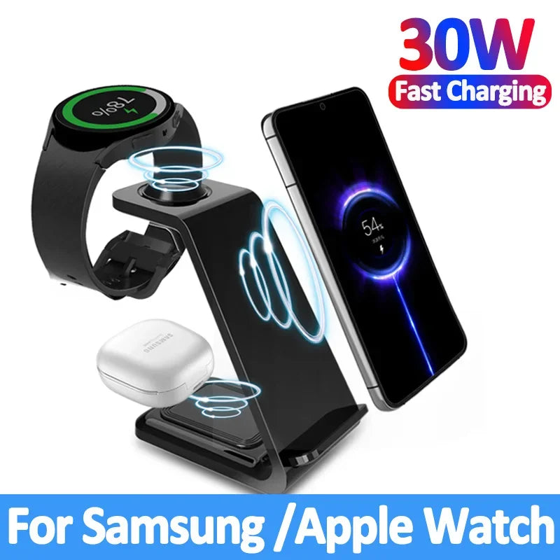 30W 3-in-1 Fast Wireless Charger Stand for iPhone, Samsung & Apple Watch – Foldable Charging Station