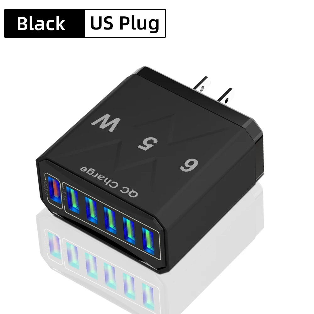 65W 6-Port USB Charger | QC 3.0 Fast Charging Travel Adapter for iPhone, Samsung, Xiaomi – EU/UK/US/KR Plug