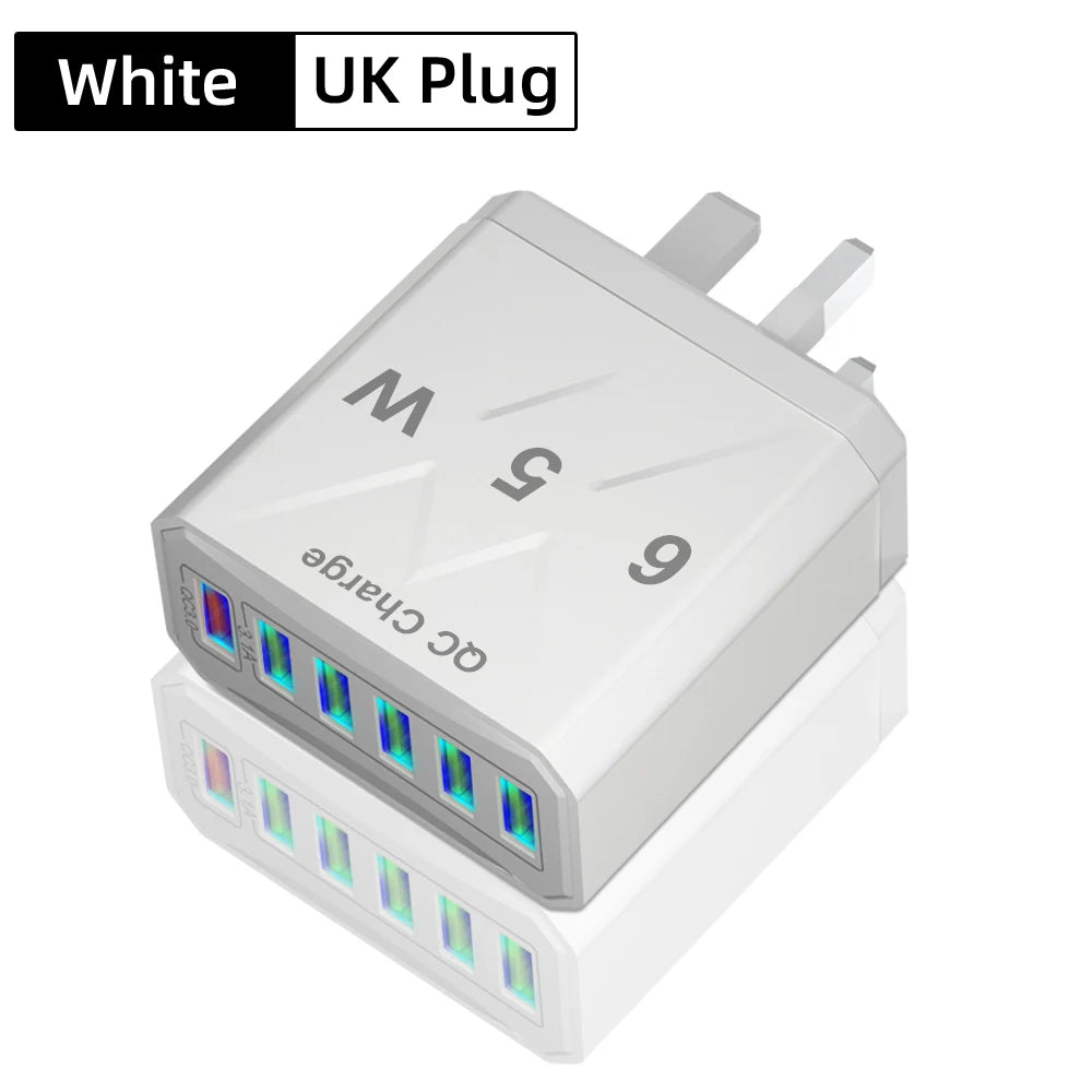 65W 6-Port USB Charger | QC 3.0 Fast Charging Travel Adapter for iPhone, Samsung, Xiaomi – EU/UK/US/KR Plug