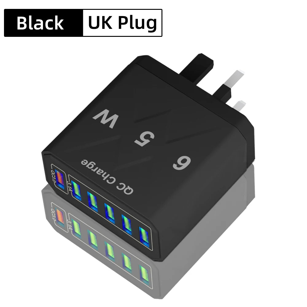 65W 6-Port USB Charger | QC 3.0 Fast Charging Travel Adapter for iPhone, Samsung, Xiaomi – EU/UK/US/KR Plug