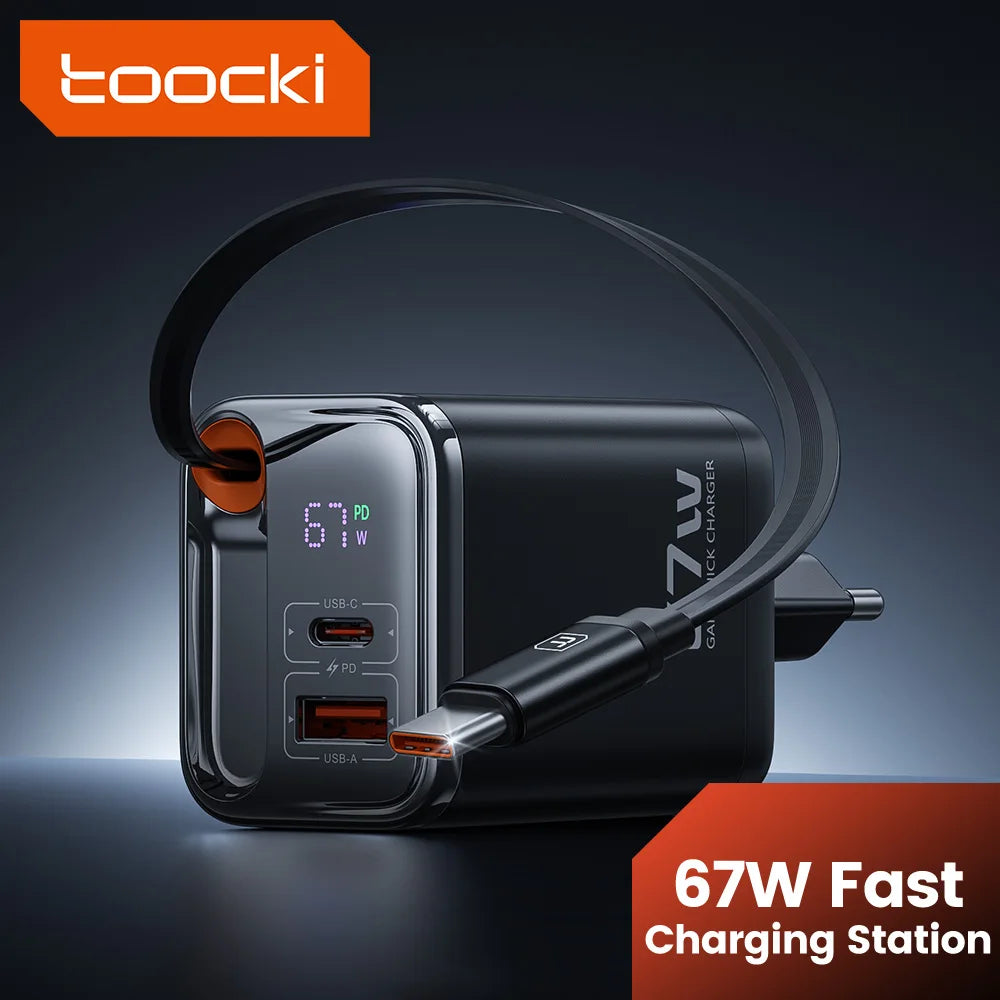 Toocki 67W GaN USB-C Fast Charger with Retractable Cable – PD3.0 PPS Adapter for iPhone 16/15, Samsung S25/S24 & Laptops