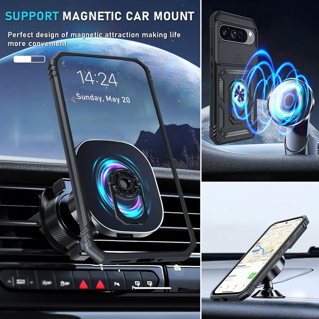 Slide Camera Lens Armor Case for Google Pixel 10 Pro XL/10/9/9 Pro/8 Pro/8A – Magnetic Ring Kickstand Military Shockproof Cover