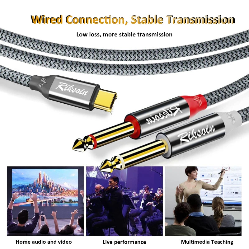 USB Type-C to Dual 6.35mm Jack Audio Cable – Y Splitter for iPad, Laptop, Phone & Tablet to Speaker/Mixer/Bass