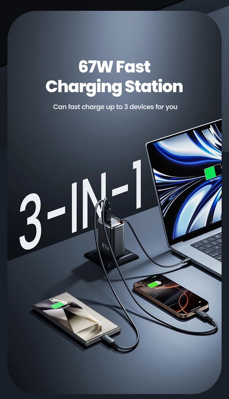 Toocki 67W GaN USB-C Fast Charger with Retractable Cable – PD3.0 PPS Adapter for iPhone 16/15, Samsung S25/S24 & Laptops