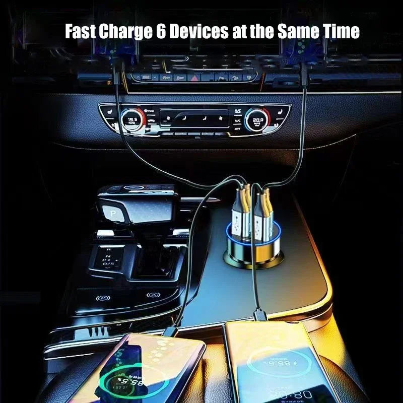 UYUXIO 6-in-1 USB-C Car Charger Adapter with Voltage Display – Dual PD Super Fast Charger for iPhone 15 Pro Max, Samsung, Huawei & OPPO