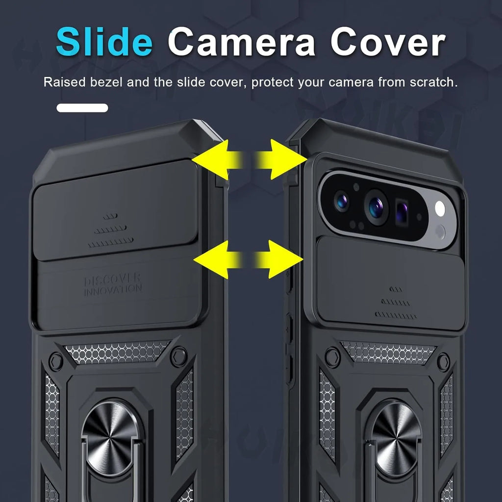 Slide Camera Lens Armor Case for Google Pixel 10 Pro XL/10/9/9 Pro/8 Pro/8A – Magnetic Ring Kickstand Military Shockproof Cover