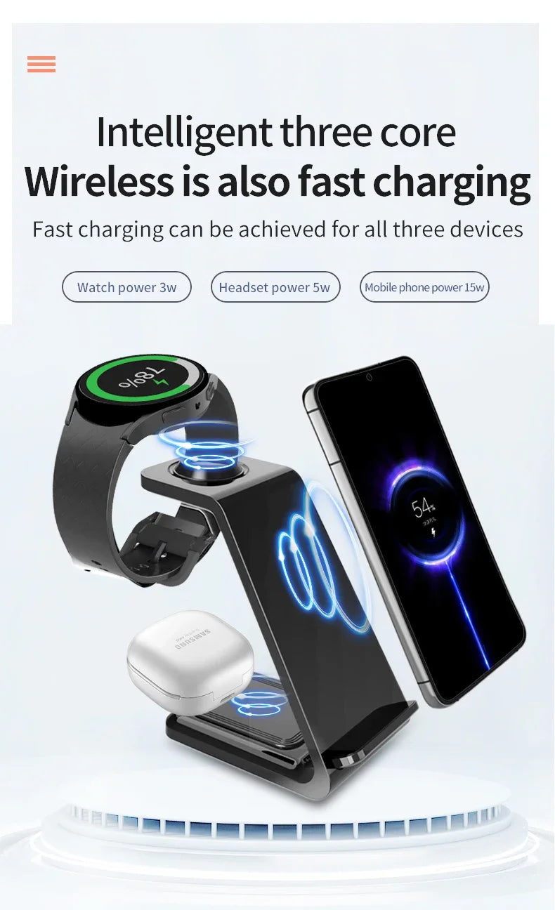 30W 3-in-1 Fast Wireless Charger Stand for iPhone, Samsung & Apple Watch – Foldable Charging Station