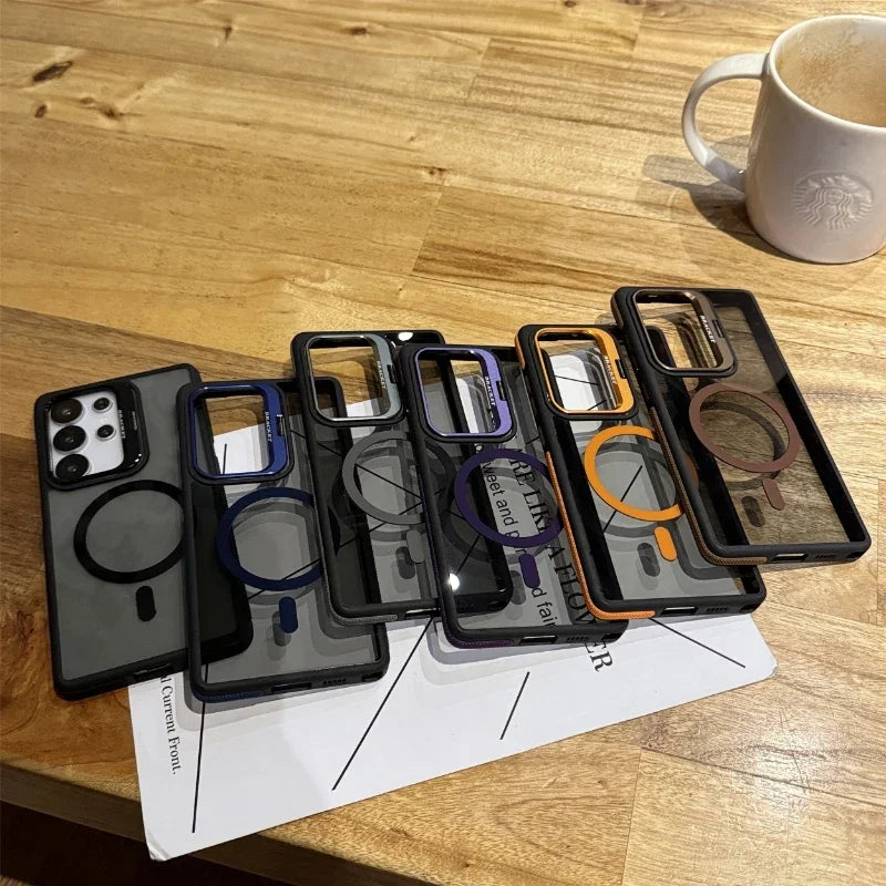 MagSafe Magnetic Stand Case with Metal Lens Protection for Samsung Galaxy S25/S24/S23/S22 Ultra & Plus – Shockproof Bumper Cover