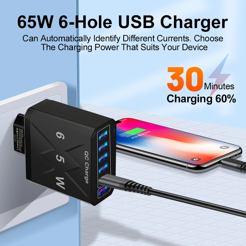 65W 6-Port USB Charger | QC 3.0 Fast Charging Travel Adapter for iPhone, Samsung, Xiaomi – EU/UK/US/KR Plug