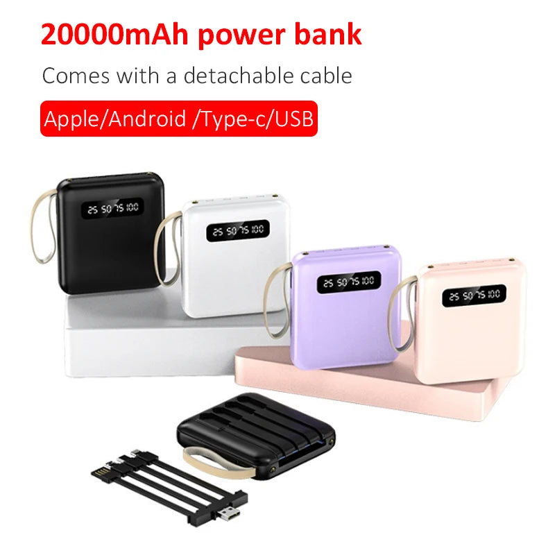 20000mAh Mini Power Bank with 4-in-1 Fast Charging Cable – Portable External Battery Charger for iPhone, Samsung, Huawei, Xiaomi