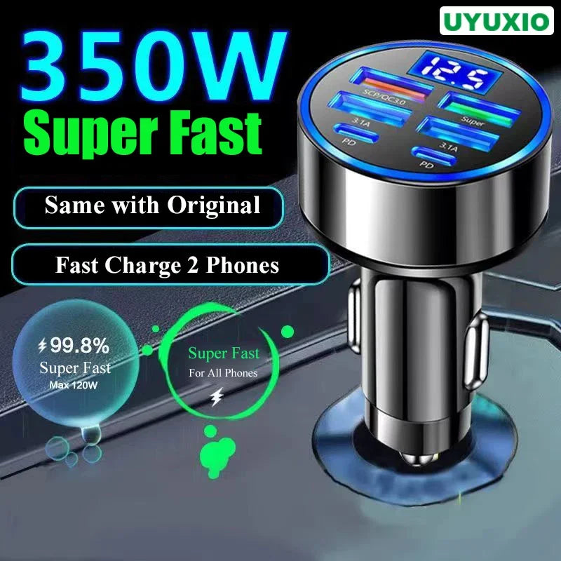 UYUXIO 6-in-1 USB-C Car Charger Adapter with Voltage Display – Dual PD Super Fast Charger for iPhone 15 Pro Max, Samsung, Huawei & OPPO