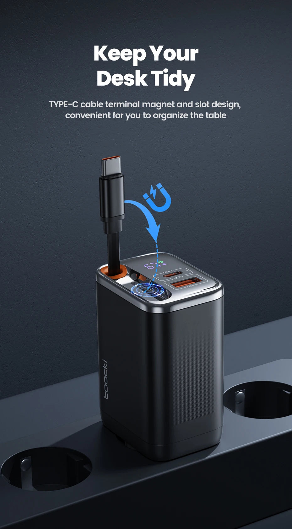 Toocki 67W GaN USB-C Fast Charger with Retractable Cable – PD3.0 PPS Adapter for iPhone 16/15, Samsung S25/S24 & Laptops