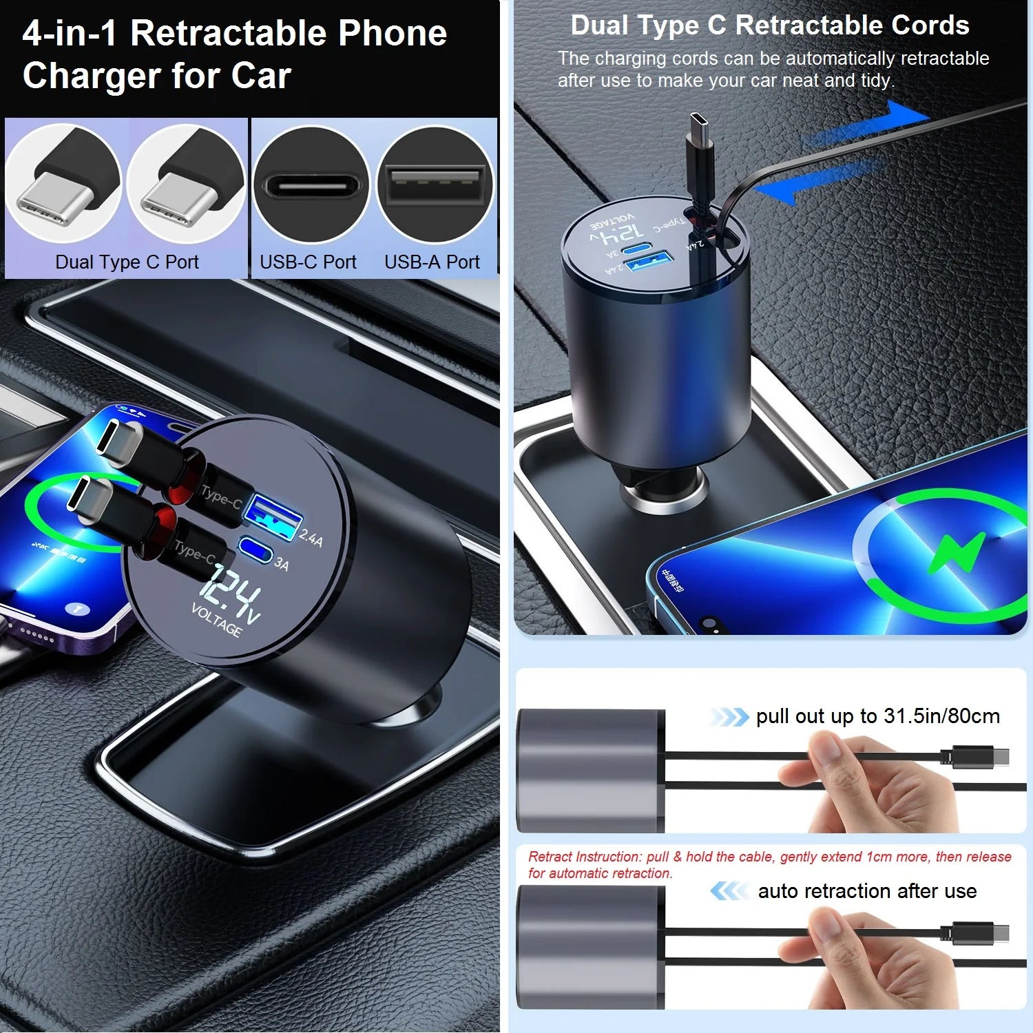 Retractable 4-in-1 Fast Car Charger – 120W Dual Type-C USB Cigarette Lighter Adapter for iPhone & Android