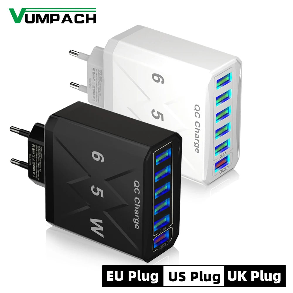 65W 6-Port USB Charger | QC 3.0 Fast Charging Travel Adapter for iPhone, Samsung, Xiaomi – EU/UK/US/KR Plug