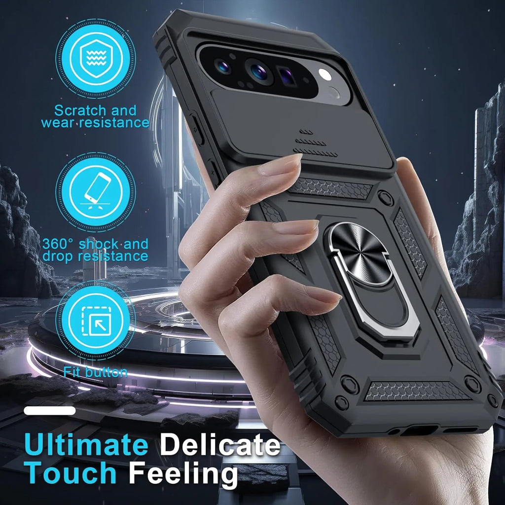 Slide Camera Lens Armor Case for Google Pixel 10 Pro XL/10/9/9 Pro/8 Pro/8A – Magnetic Ring Kickstand Military Shockproof Cover