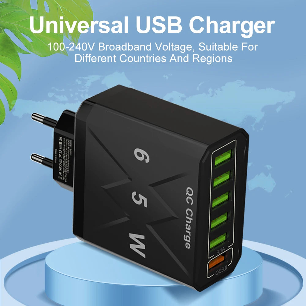 65W 6-Port USB Charger | QC 3.0 Fast Charging Travel Adapter for iPhone, Samsung, Xiaomi – EU/UK/US/KR Plug