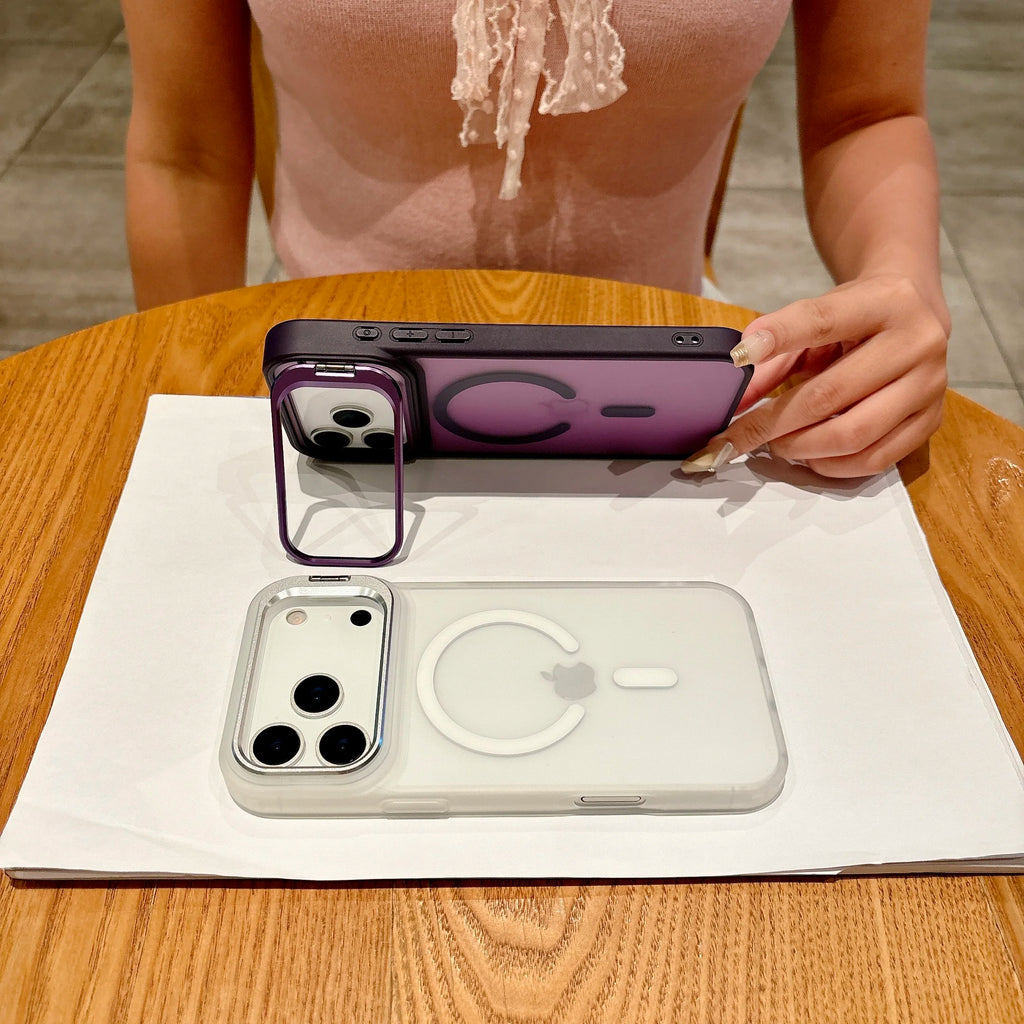 Frosted Matte Magnetic iPhone 17 Case – MagSafe Compatible with Metal Kickstand (17 / Pro / Pro Max / Air)