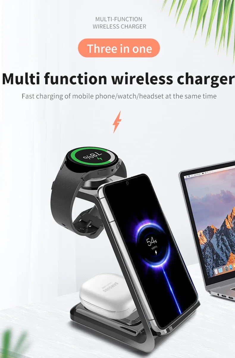 30W 3-in-1 Fast Wireless Charger Stand for iPhone, Samsung & Apple Watch – Foldable Charging Station