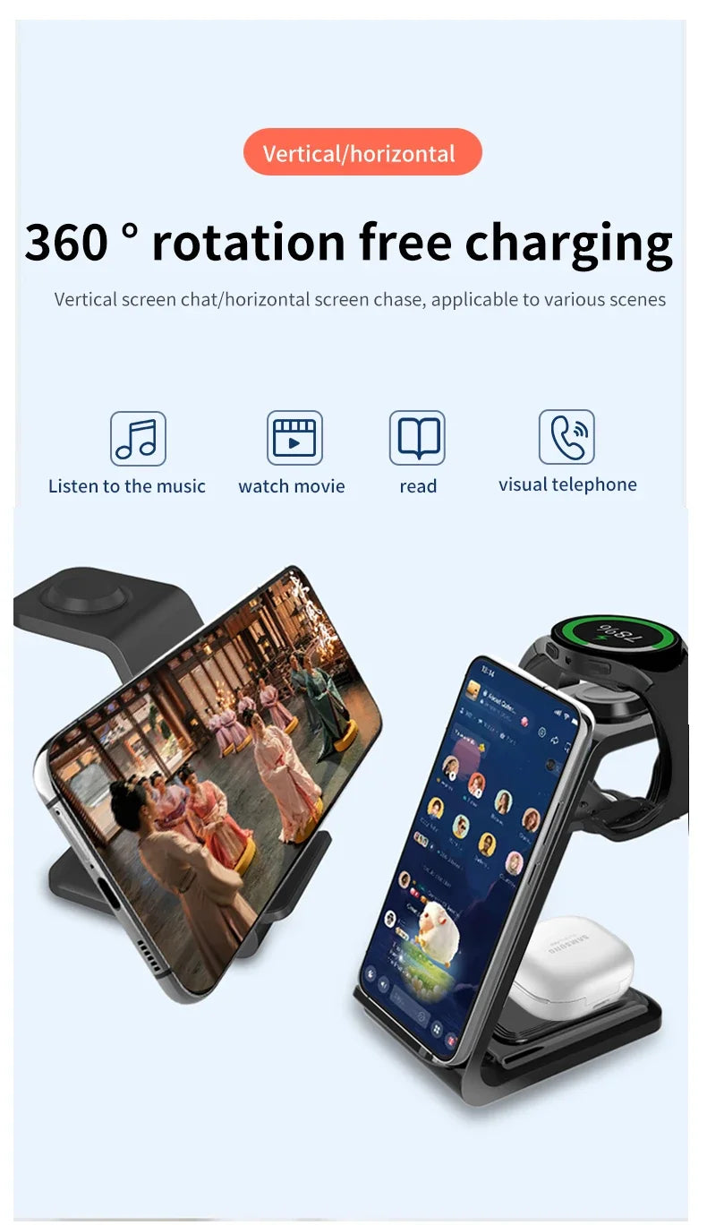 30W 3-in-1 Fast Wireless Charger Stand for iPhone, Samsung & Apple Watch – Foldable Charging Station