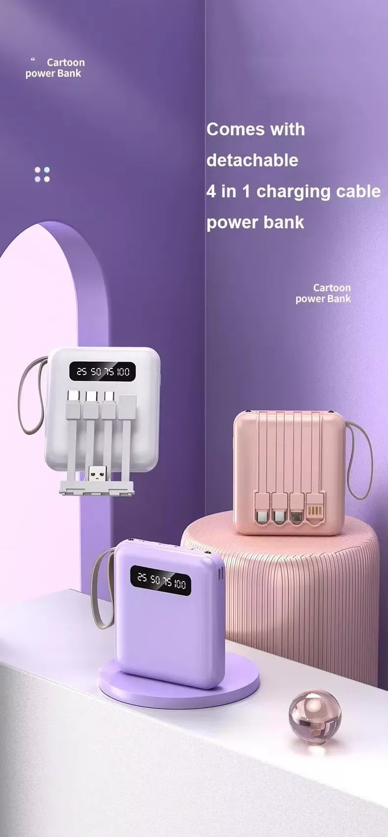 20000mAh Mini Power Bank with 4-in-1 Fast Charging Cable – Portable External Battery Charger for iPhone, Samsung, Huawei, Xiaomi