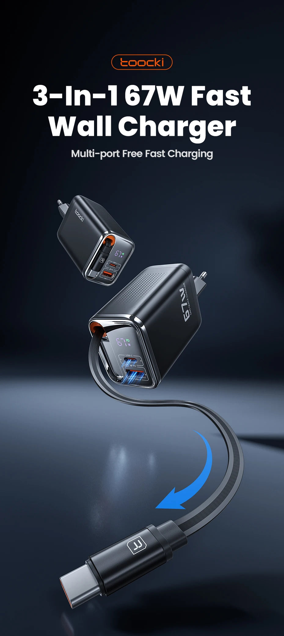 Toocki 67W GaN USB-C Fast Charger with Retractable Cable – PD3.0 PPS Adapter for iPhone 16/15, Samsung S25/S24 & Laptops