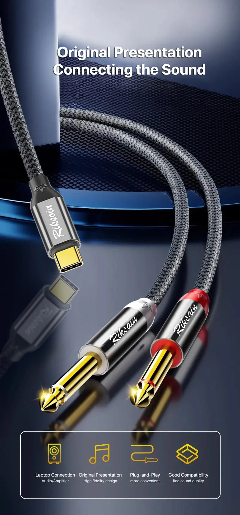 USB Type-C to Dual 6.35mm Jack Audio Cable – Y Splitter for iPad, Laptop, Phone & Tablet to Speaker/Mixer/Bass