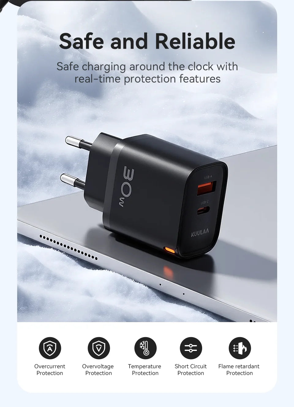 KUULAA 30W GaN USB-C Charger – PD 3.0 QC 4.0 Fast Wall Adapter for iPhone 17/16/15 Pro, Samsung S25, Xiaomi & iPad