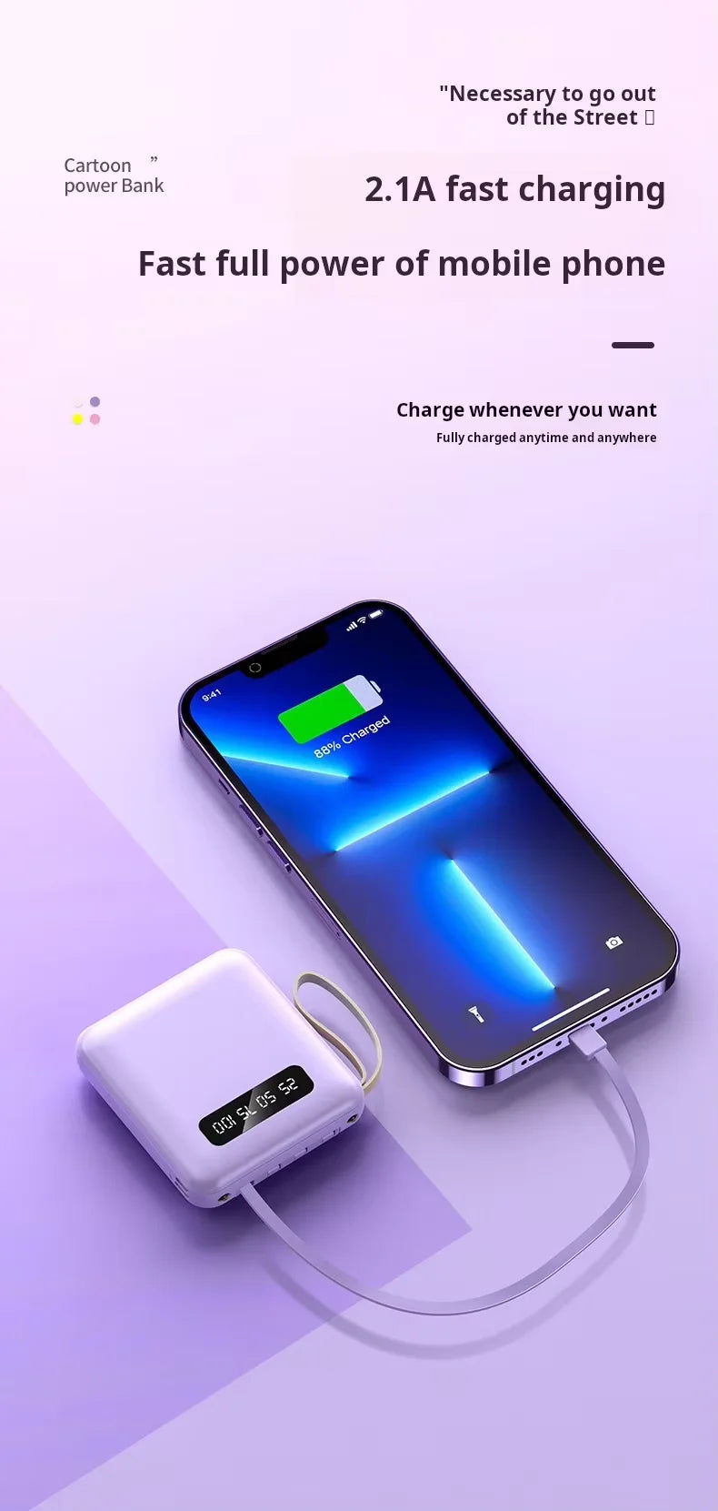 20000mAh Mini Power Bank with 4-in-1 Fast Charging Cable – Portable External Battery Charger for iPhone, Samsung, Huawei, Xiaomi