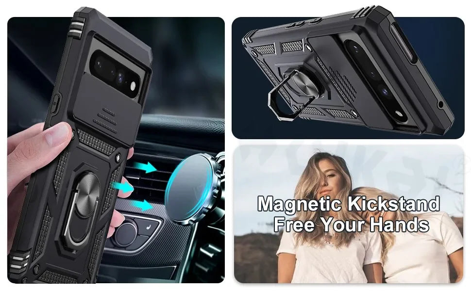 Slide Camera Lens Armor Case for Google Pixel 10 Pro XL/10/9/9 Pro/8 Pro/8A – Magnetic Ring Kickstand Military Shockproof Cover