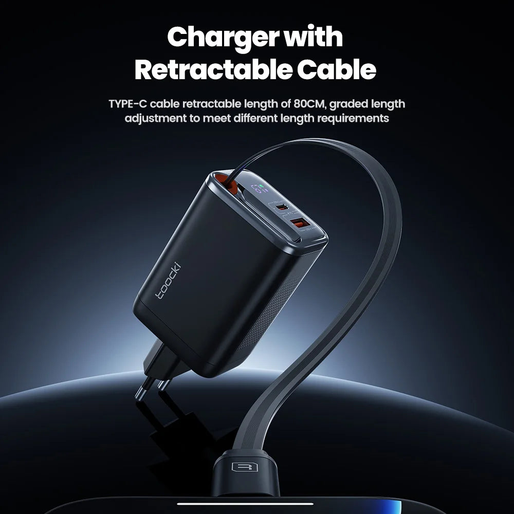 Toocki 67W GaN USB-C Fast Charger with Retractable Cable – PD3.0 PPS Adapter for iPhone 16/15, Samsung S25/S24 & Laptops
