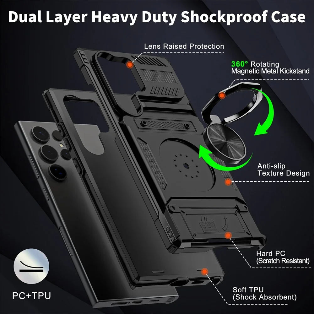 Magnetic Ring Kickstand Wallet Case for Samsung Galaxy S25/S24/S23 Ultra Plus FE & A55–A14 – Heavy Duty Protective Cover