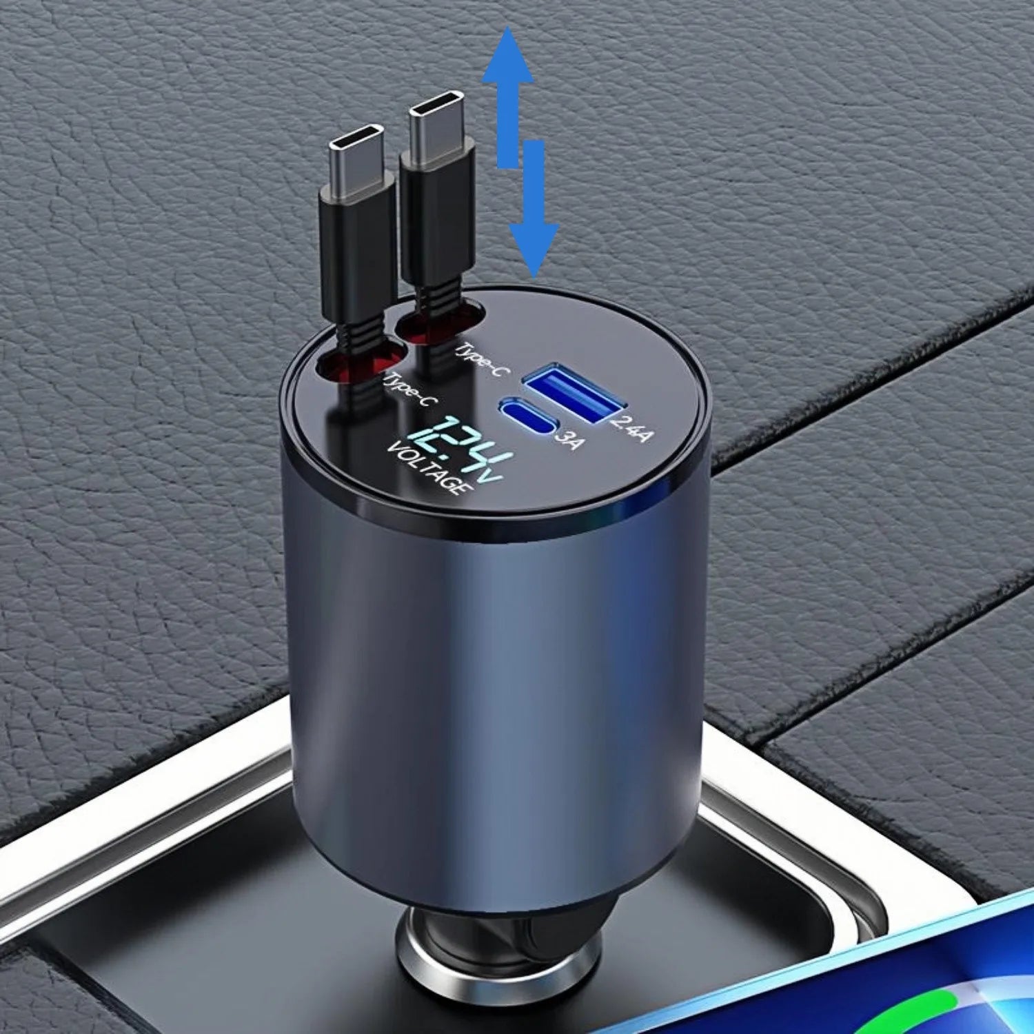 Retractable 4-in-1 Fast Car Charger – 120W Dual Type-C USB Cigarette Lighter Adapter for iPhone & Android