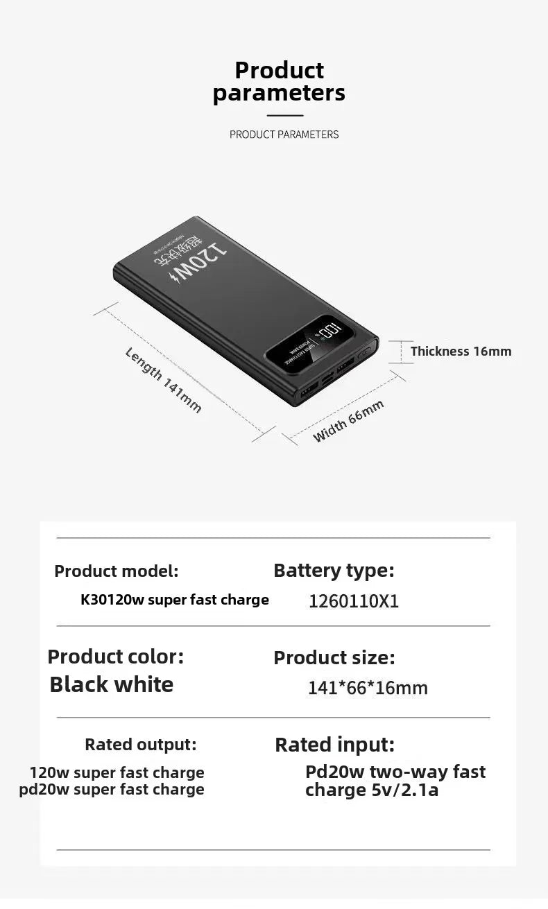 120W 20000mAh Portable Power Bank – Super Fast Charging High Capacity Mobile Charger for iPhone, Samsung, Huawei, Xiaomi