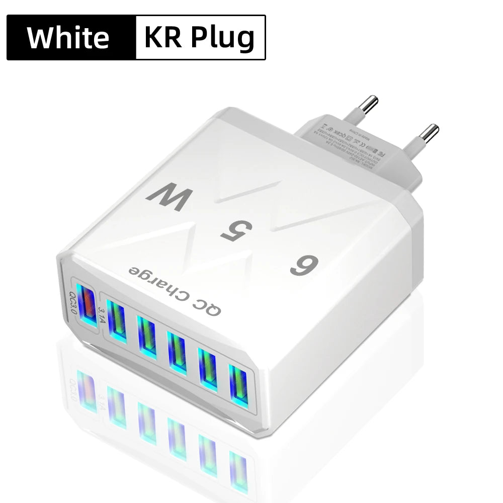 65W 6-Port USB Charger | QC 3.0 Fast Charging Travel Adapter for iPhone, Samsung, Xiaomi – EU/UK/US/KR Plug