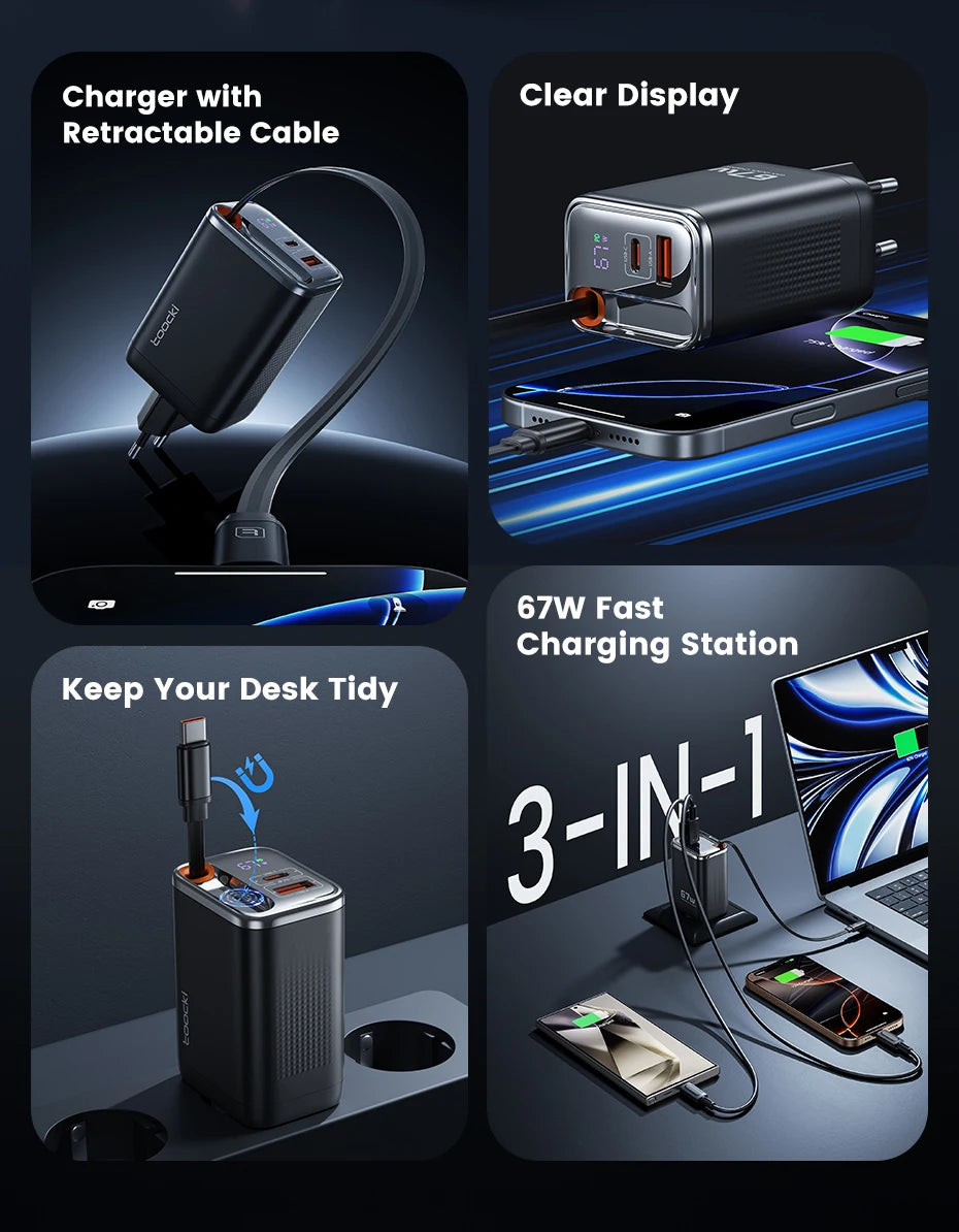 Toocki 67W GaN USB-C Fast Charger with Retractable Cable – PD3.0 PPS Adapter for iPhone 16/15, Samsung S25/S24 & Laptops