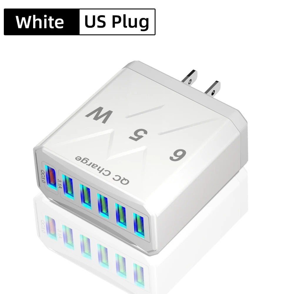 65W 6-Port USB Charger | QC 3.0 Fast Charging Travel Adapter for iPhone, Samsung, Xiaomi – EU/UK/US/KR Plug