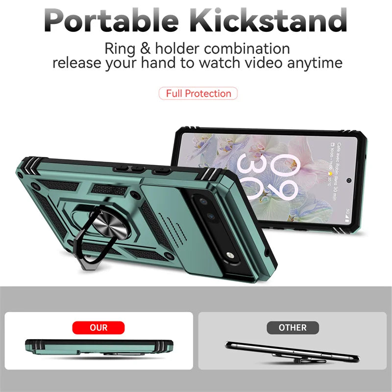 Slide Camera Lens Protector Case with Magnetic Ring Stand for Google Pixel 6/7/8/6A/7A/8A – Shockproof Armor Cover