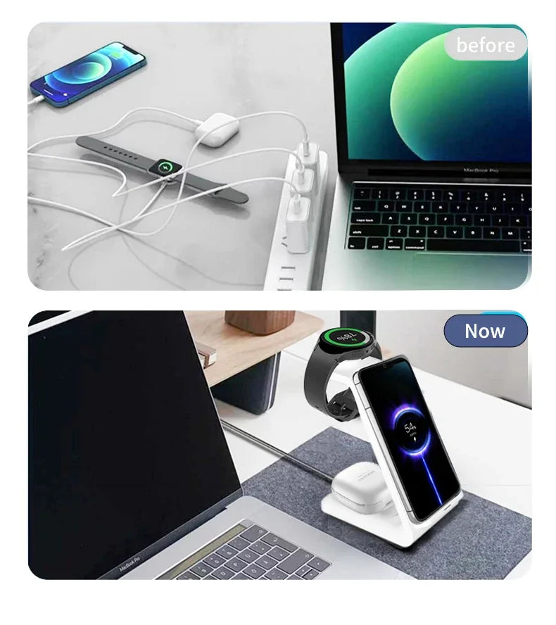 30W 3-in-1 Fast Wireless Charger Stand for iPhone, Samsung & Apple Watch – Foldable Charging Station