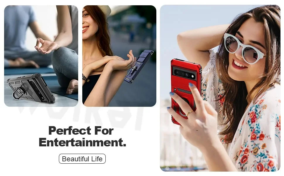 Slide Camera Lens Armor Case for Google Pixel 10 Pro XL/10/9/9 Pro/8 Pro/8A – Magnetic Ring Kickstand Military Shockproof Cover