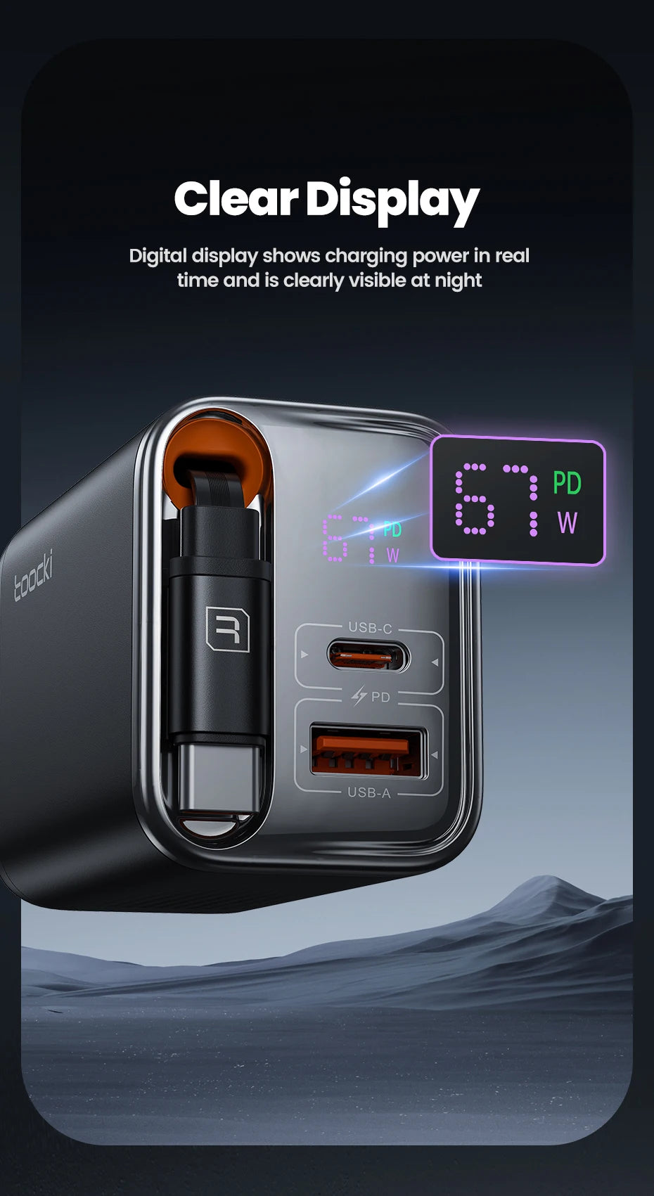 Toocki 67W GaN USB-C Fast Charger with Retractable Cable – PD3.0 PPS Adapter for iPhone 16/15, Samsung S25/S24 & Laptops