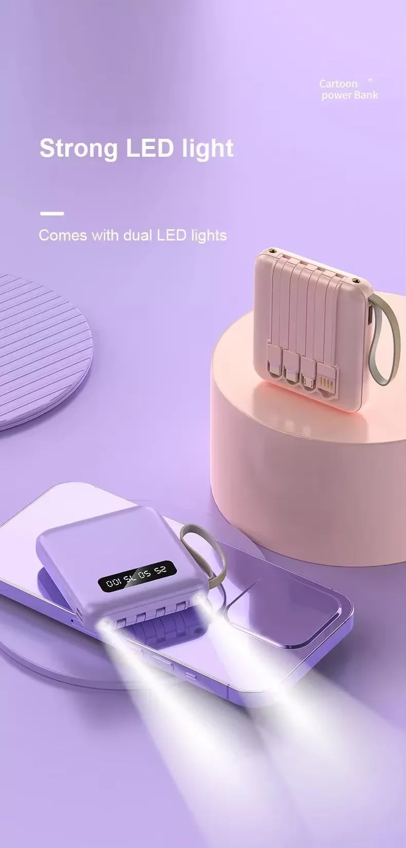 20000mAh Mini Power Bank with 4-in-1 Fast Charging Cable – Portable External Battery Charger for iPhone, Samsung, Huawei, Xiaomi