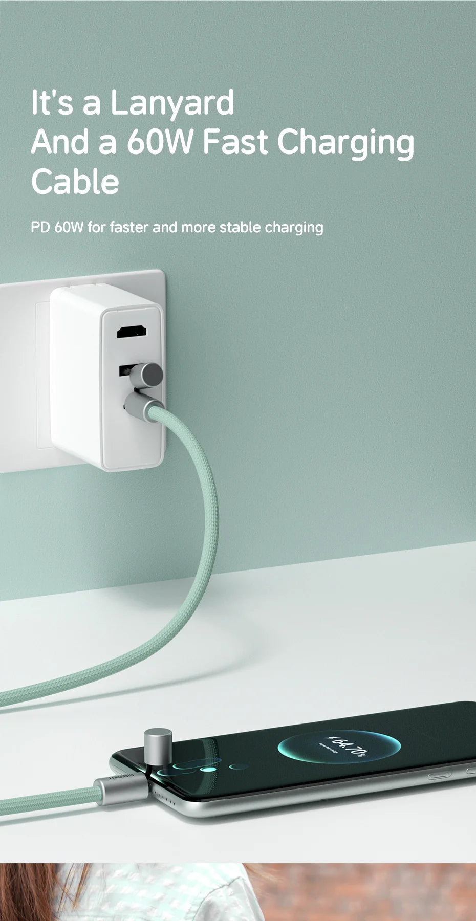 Hagibis Universal Phone Lanyard – 2-in-1 USB-C Charging Cable Strap (C-to-C / C-to-L) for iPhone 16/17 Pro Max & Most Phones