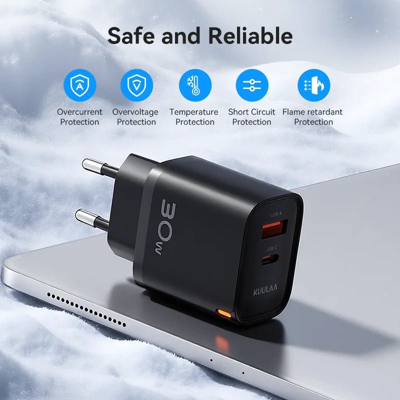 KUULAA 30W GaN USB-C Charger – PD 3.0 QC 4.0 Fast Wall Adapter for iPhone 17/16/15 Pro, Samsung S25, Xiaomi & iPad