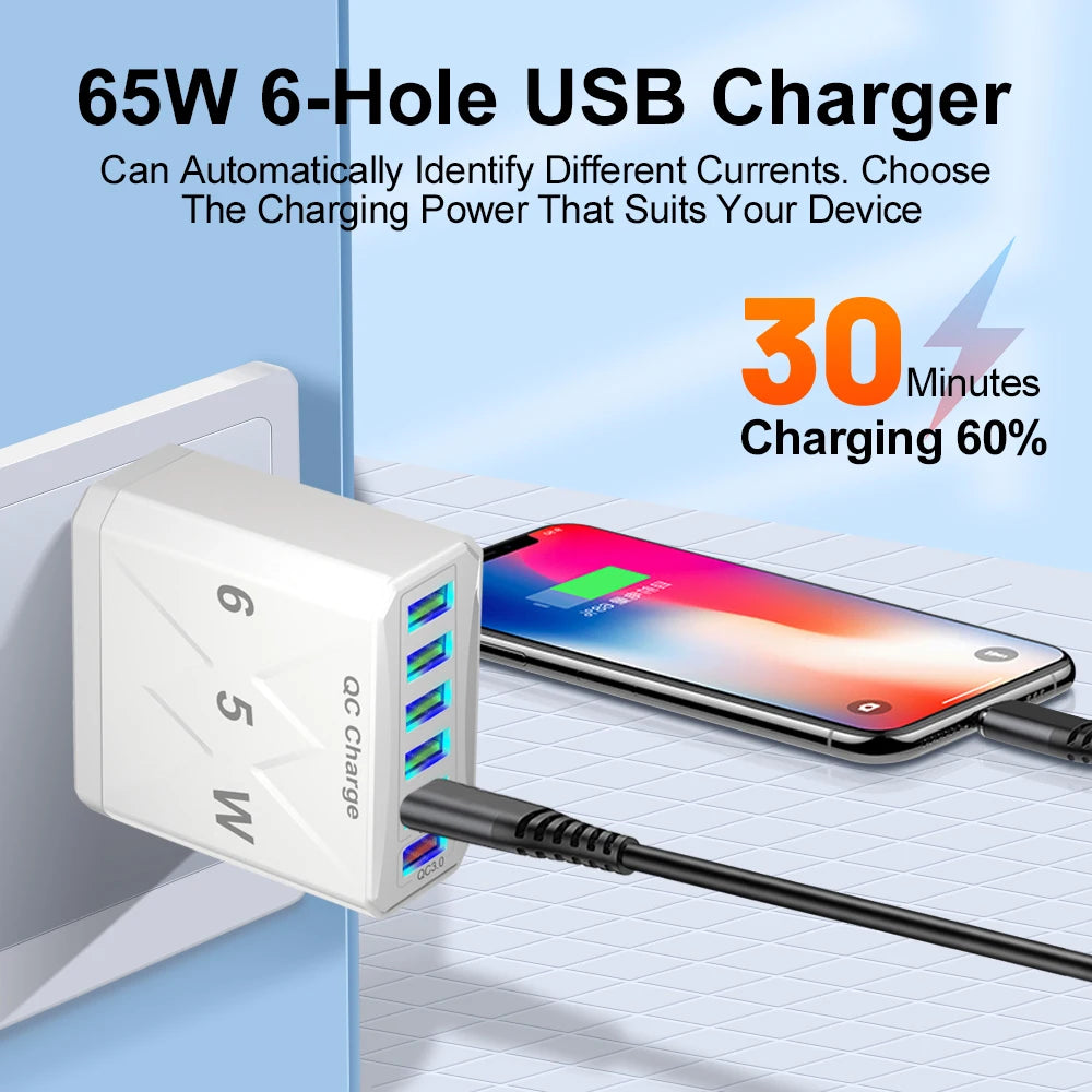65W 6-Port USB Charger | QC 3.0 Fast Charging Travel Adapter for iPhone, Samsung, Xiaomi – EU/UK/US/KR Plug