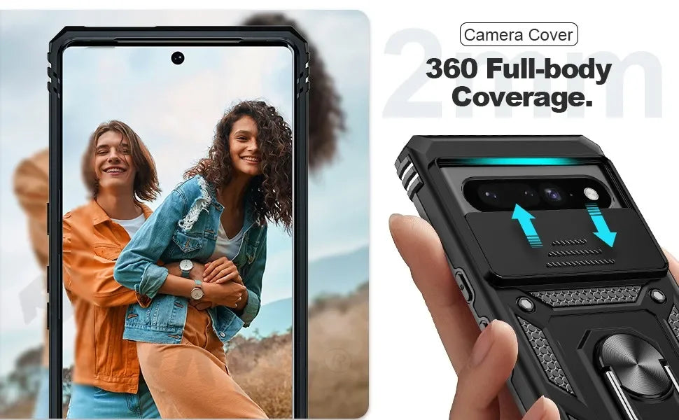 Slide Camera Lens Armor Case for Google Pixel 10 Pro XL/10/9/9 Pro/8 Pro/8A – Magnetic Ring Kickstand Military Shockproof Cover