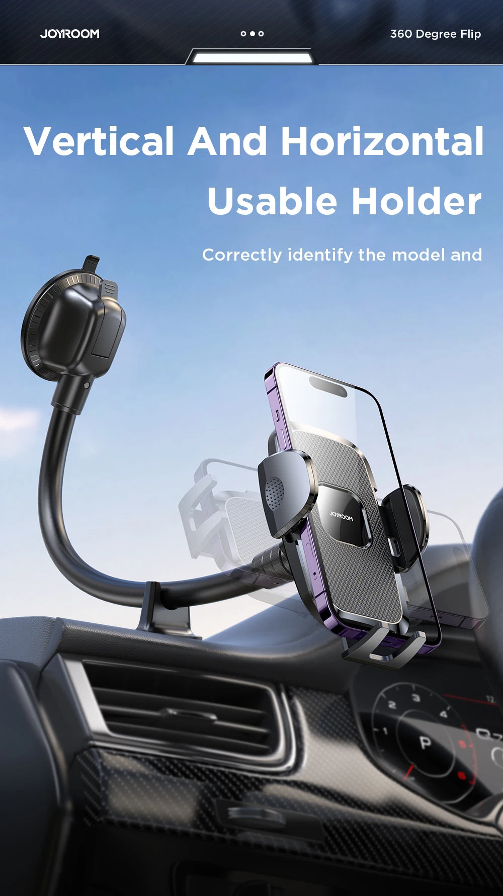 Dashboard Car Phone Holder – 360° Adjustable Mount with 9in Flexible Long Arm (Windshield & Air Vent Compatible)